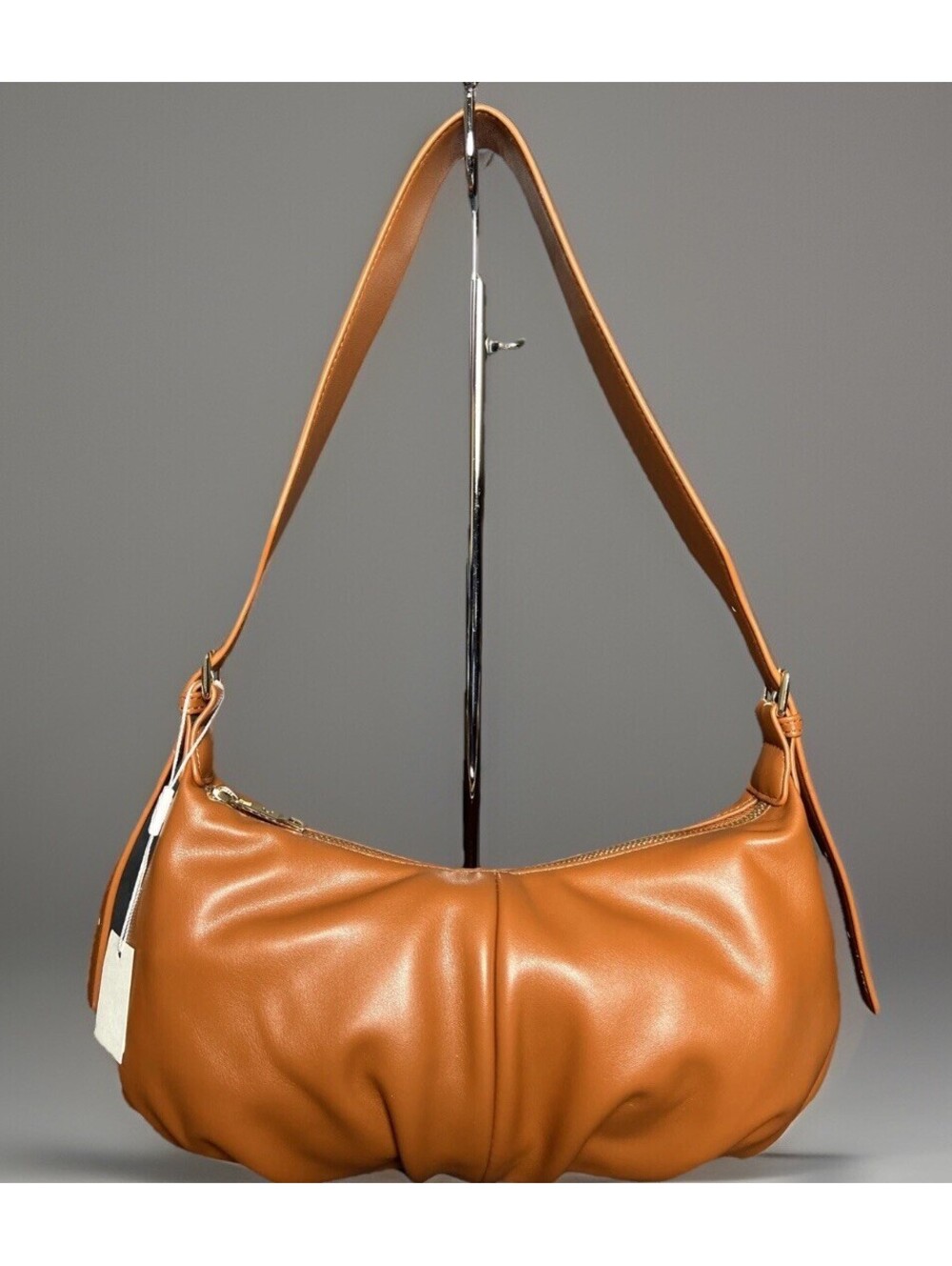 CLUCI Hobo Shoulder Bag Cognac Vegan Leather Crescent Slouch Zip Medium Purse